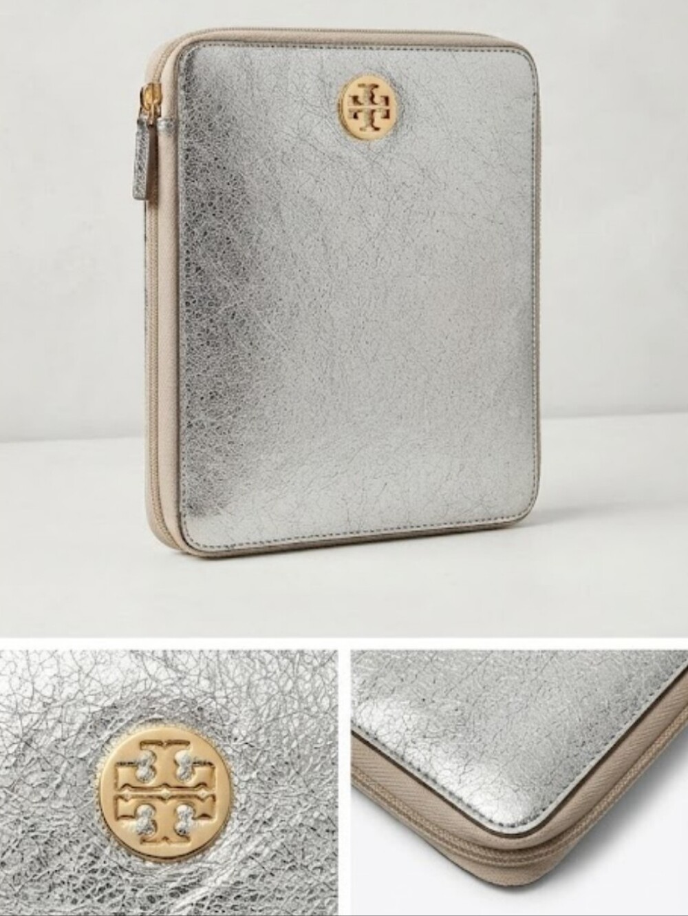 Tory Burch Silver Metallic Zip Portfolio